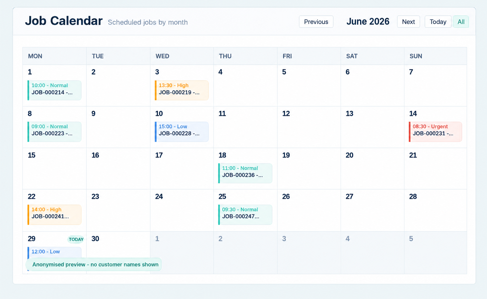 Anonymised SharpFleet Job Management calendar preview showing scheduled jobs by month without customer names or private details.